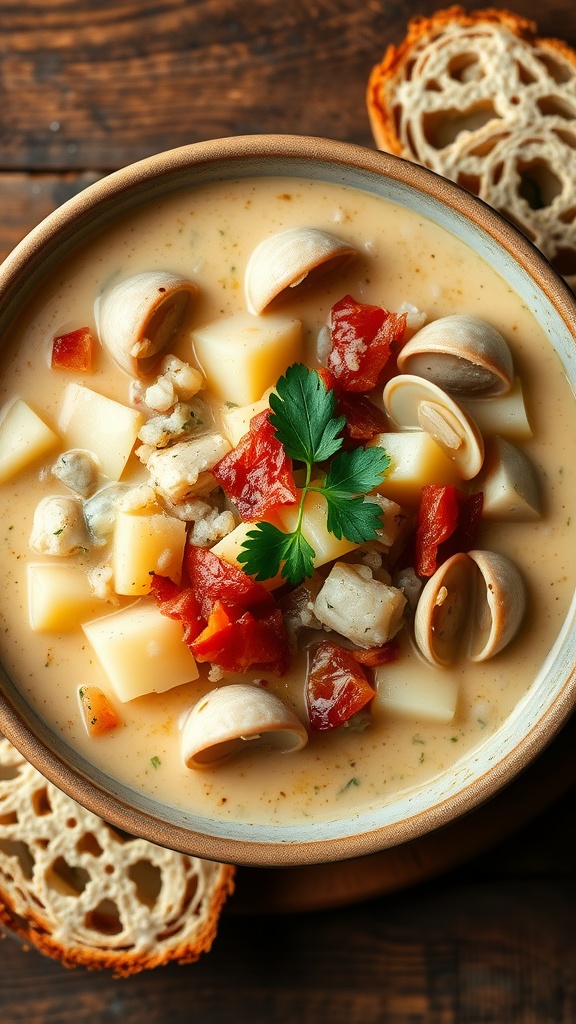 A bowl of creamy clam chowder with crispy bacon and parsley on a wooden table.